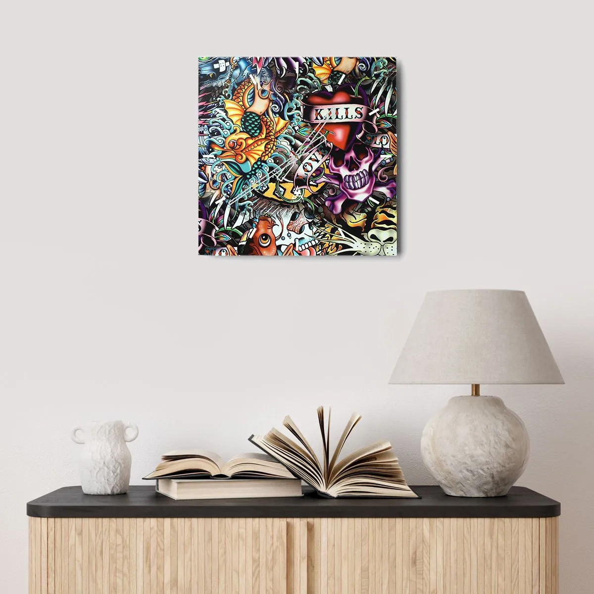 Wanduhr - Glasuhr - Farbenfrohe Kunstwerke im Tattoo-Stil mit Totenköpfen und nautischen Motiven - 30x30cm - Der Traum des Tätowierers - Moderne Wanddekoration für Wohnzimmer und Schlafzimmer ARTTOR