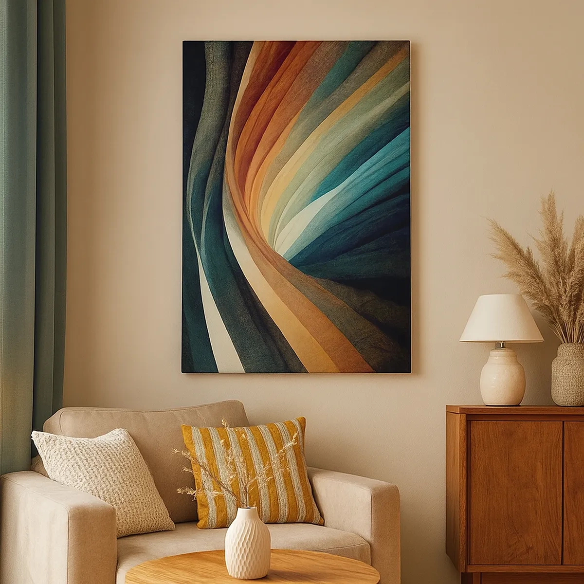 Bild auf Leinwand - Leinwandbild - Abstrakte Wellen in warmen und kühlen Farbtönen - 50x70cm - Aus Farben gewebt - Moderne Wanddekoration für Wohnzimmer und Schlafzimmer ARTTOR