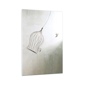 Glasbild - Bild auf glas - Ein aus einem Käfig befreiter Vogel vor dem Hintergrund eines hellen Himmels - 70x100cm - In seinem Element - Moderne Wanddekoration für Wohnzimmer und Schlafzimmer ARTTOR
