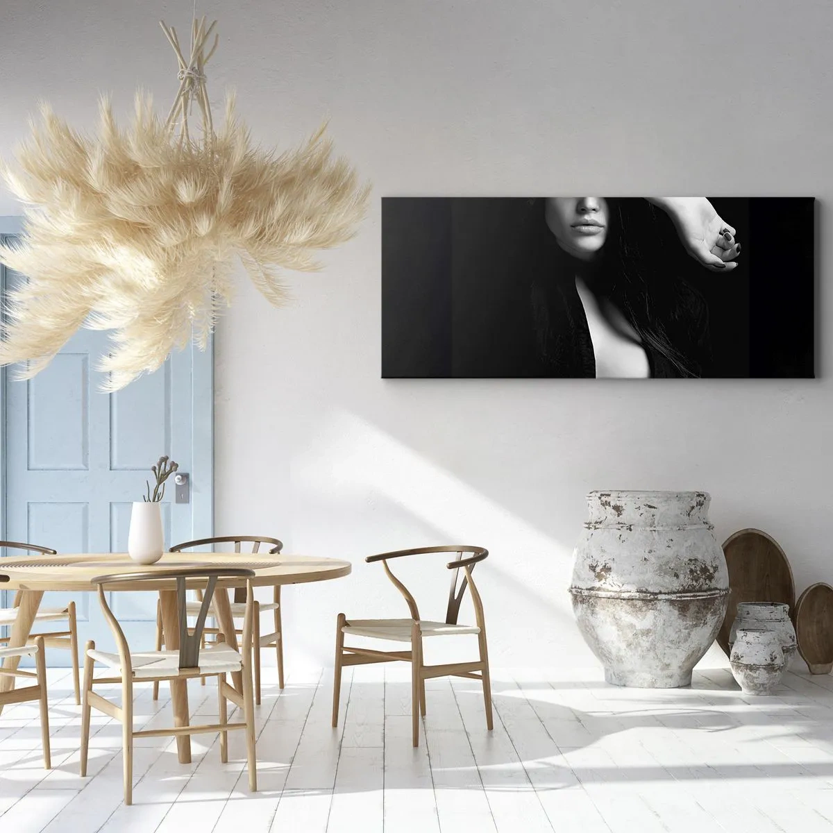 Bild auf Leinwand - Leinwandbild - Stilvolles Frauenporträt in Schwarz-Weiß - 140x50cm - Schule der Verführung - Moderne Wanddekoration für Wohnzimmer und Schlafzimmer ARTTOR