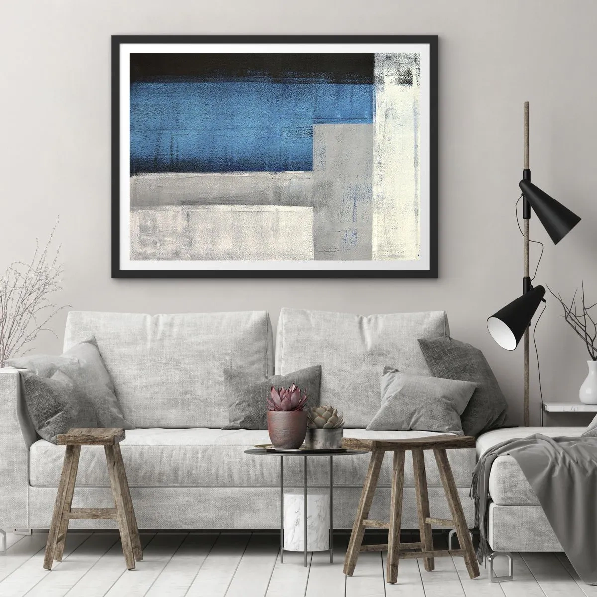 Poster in einem schwarzem Rahmen - Eine abstrakte Komposition mit Blau-, Grau- und Weißtönen. - 70x50cm - Poetische Komposition aus Grau und Blau - Moderne Wanddekoration für Wohnzimmer und Schlafzimmer ARTTOR