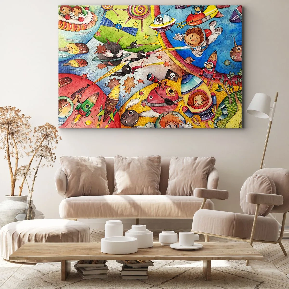 Bild auf Leinwand - Leinwandbild - Eine bunte Weltraumszene voller Kinder und Raumschiffe - 100x70cm - Tolles Weltraumabenteuer - Moderne Wanddekoration für Wohnzimmer und Schlafzimmer ARTTOR