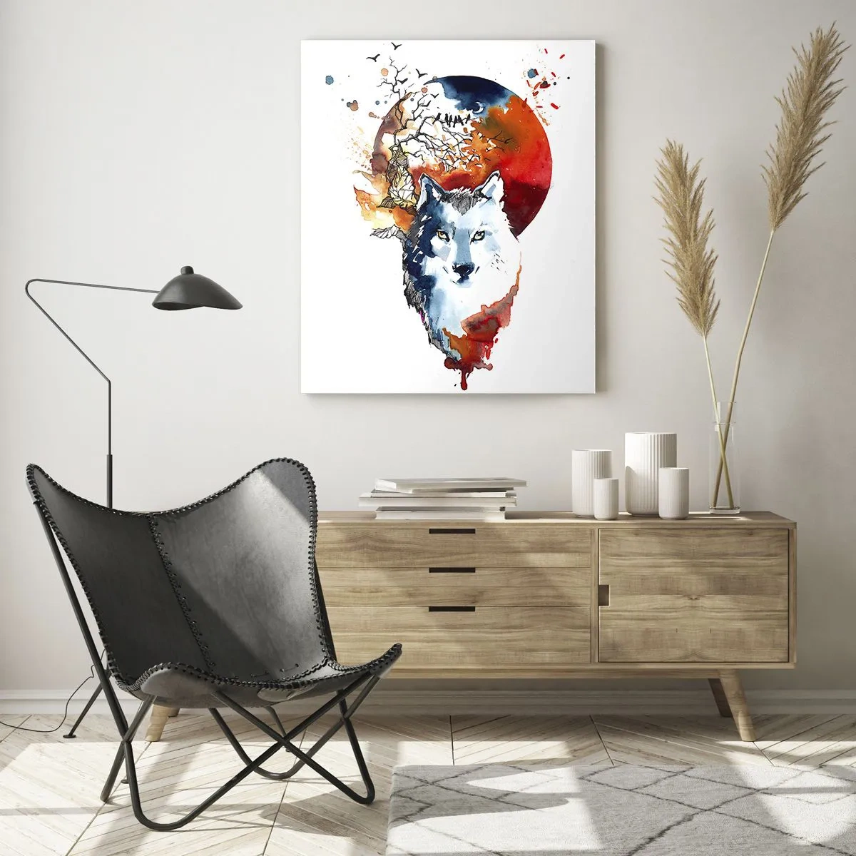 Glasbild - Bild auf glas - Abstraktes Aquarell eines Wolfes vor einem roten Mond - 70x100cm - Nase an Nase mit der Nacht - Moderne Wanddekoration für Wohnzimmer und Schlafzimmer ARTTOR