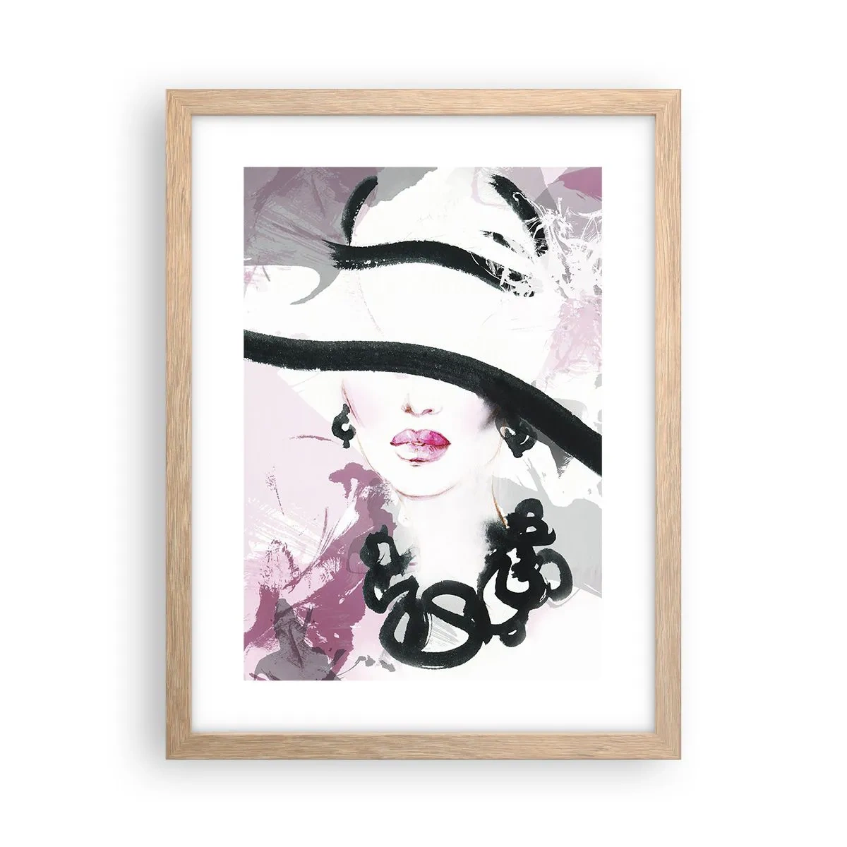 Poster in einem Rahmen aus heller Eiche - Bildnis einer Dame in Schwarz und Pink - 30x40 cm