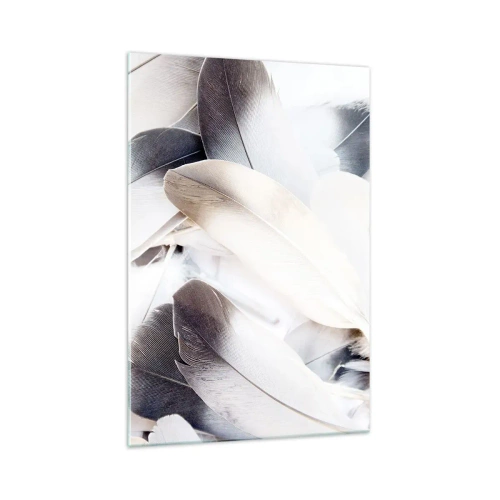 Glasbild - Bild auf glas - Nahaufnahme zarter Federn in Weiß- und Grautönen - 70x100cm - Fast engelhaft - Moderne Wanddekoration für Wohnzimmer und Schlafzimmer ARTTOR
