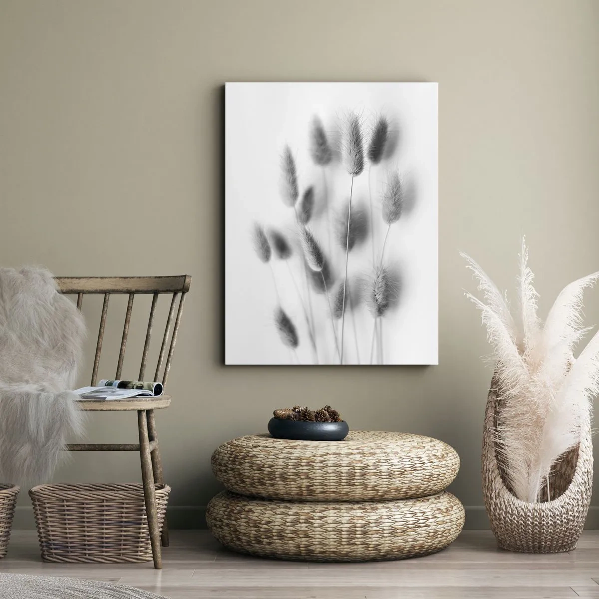Bild auf Leinwand - Leinwandbild - Zarte Gräser in Grautönen auf weißem Hintergrund - 50x70cm - Eure flauschige Grashoheit - Moderne Wanddekoration für Wohnzimmer und Schlafzimmer ARTTOR