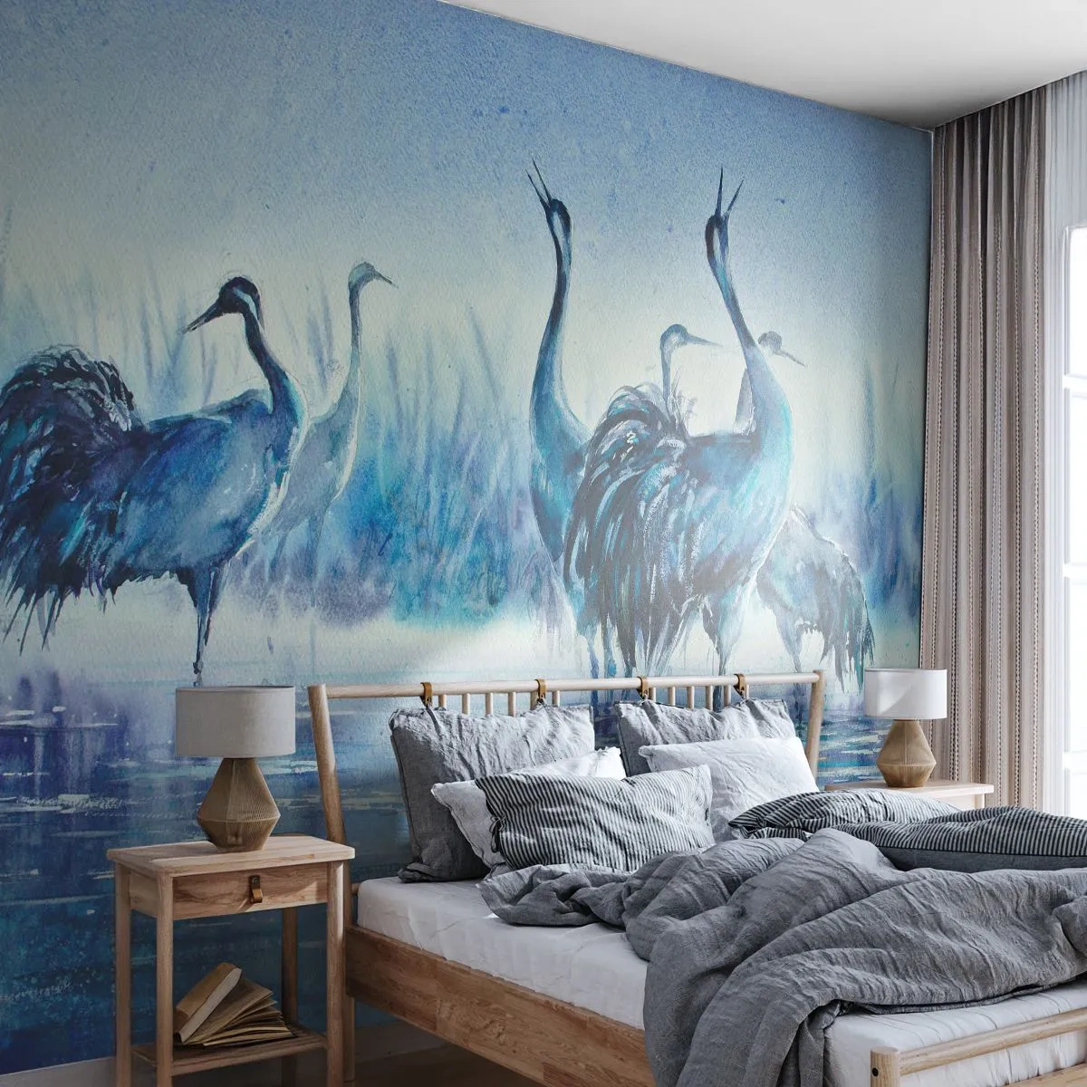 Fototapete Premium Canvas - Morgentliches Treffen - Vögel, Landschaft, Wasser - 250x175 cm