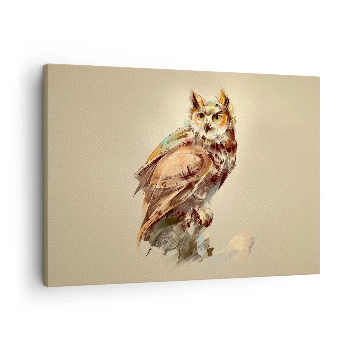 Bild auf Leinwand - Leinwandbild - Künstlerisches Porträt einer Eule vor hellem Hintergrund in warmen Farbtönen. - 70x50cm - Die klügste Eule - bestätigt den Eichenwald - Moderne Wanddekoration für Wohnzimmer und Schlafzimmer ARTTOR