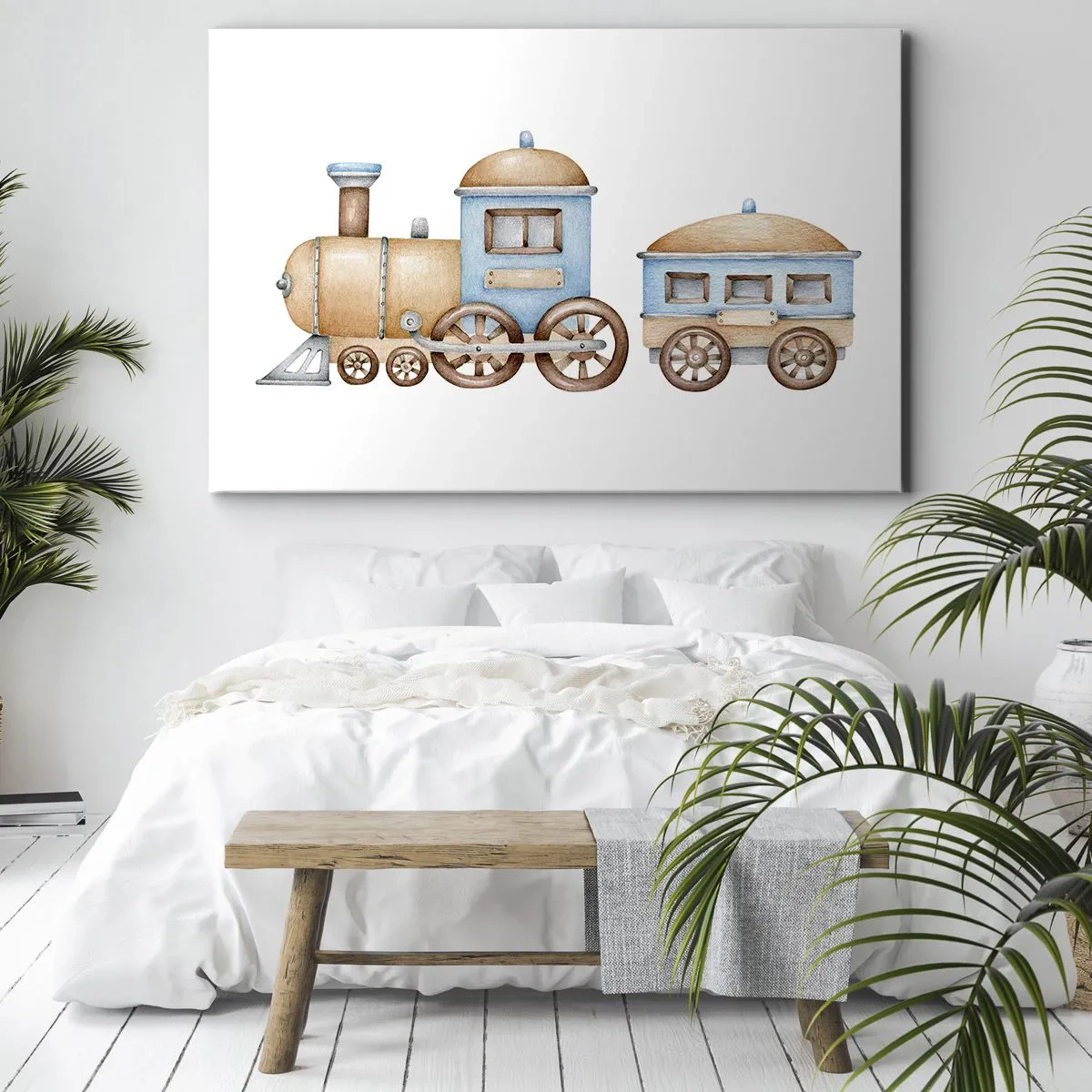 Bild auf Leinwand - Leinwandbild - Zeichnung eines Zuges in Pastelltönen auf weißem Hintergrund - 120x80cm - Am Bahnhof steht ... - Moderne Wanddekoration für Wohnzimmer und Schlafzimmer ARTTOR