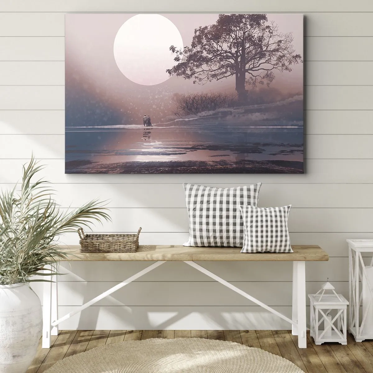 Bild auf Leinwand - Leinwandbild - Romantische Szene mit dem Mond und einem Baum am Wasser - 70x50cm - Wunder der Nacht - Moderne Wanddekoration für Wohnzimmer und Schlafzimmer ARTTOR