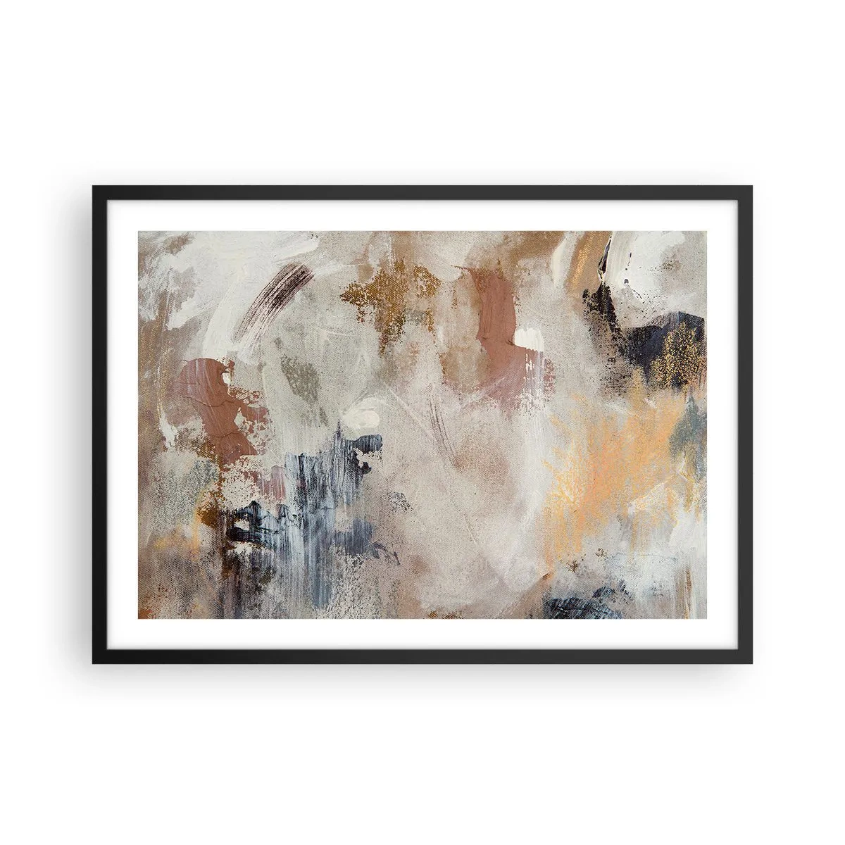 Poster in einem schwarzem Rahmen - Abstrakte Punkte in gedeckten Beige- und Goldtönen - 70x50cm - Neblige Abstraktion - Moderne Wanddekoration für Wohnzimmer und Schlafzimmer ARTTOR