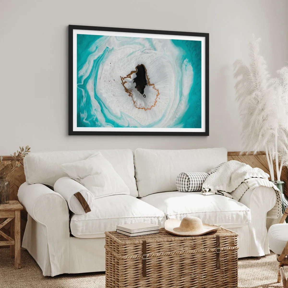 Poster in einem schwarzem Rahmen - Abstraktes Geodenmotiv in Türkis-, Weiß- und Goldtönen - 70x50cm - Nach Innen eindringen - Moderne Wanddekoration für Wohnzimmer und Schlafzimmer ARTTOR