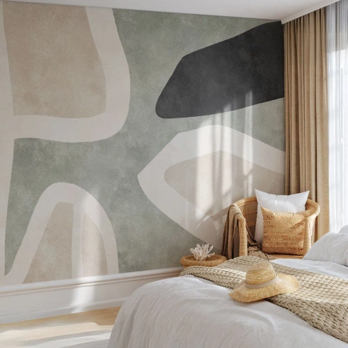 Fototapete Premium Sand - Abstrakte Form mit Beige, Grün und Schwarz - 100x70cm - Komposition mit schwarzem Motiv - Moderne Wanddekoration für Wohnzimmer und Schlafzimmer ARTTOR