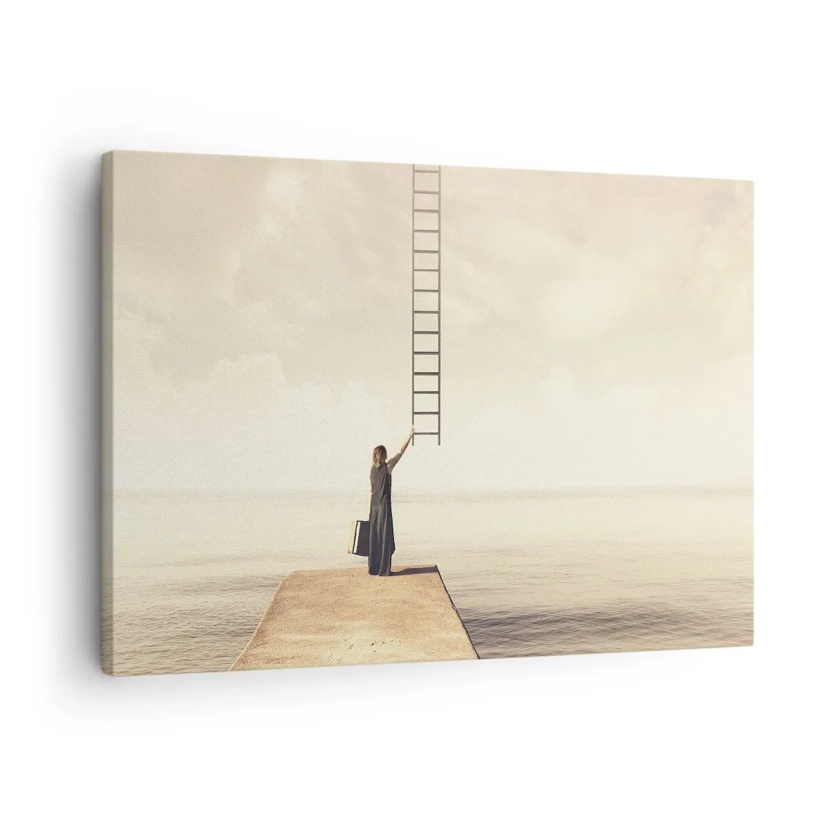 Bild auf Leinwand - Leinwandbild - Eine Frau steht auf einem Pier mit einer Leiter, die in den Himmel führt - 70x50cm - Eine magische Reise - Moderne Wanddekoration für Wohnzimmer und Schlafzimmer ARTTOR