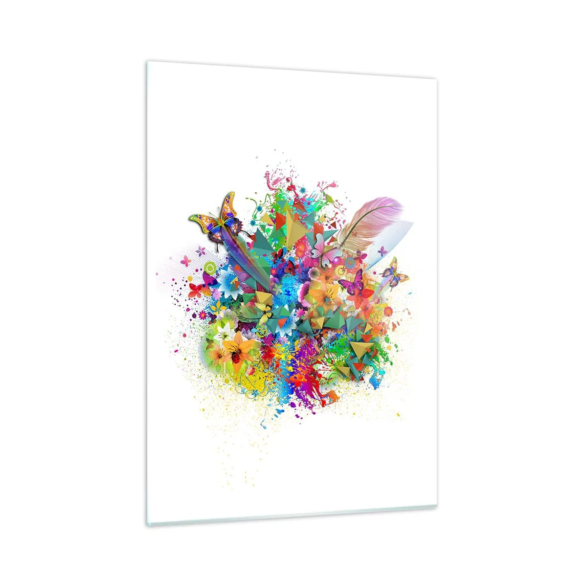 Glasbild - Bild auf glas - Bunte Abstraktion mit Schmetterlingen, Blumen und Federn auf weißem Hintergrund - 50x70cm - Ein Strauß Freude - Moderne Wanddekoration für Wohnzimmer und Schlafzimmer ARTTOR
