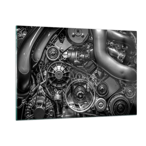 Glasbild - Bild auf glas - Detail eines schwarz-weißen Motors mit sichtbaren Mechanismen - 120x80cm - Die Poesie der Mechanik - Moderne Wanddekoration für Wohnzimmer und Schlafzimmer ARTTOR