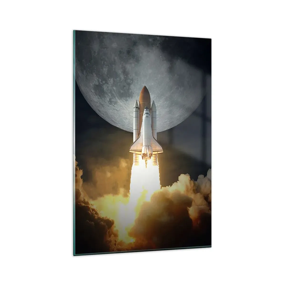 Glasbild - Bild auf glas - Eine Rakete hebt vor dem Hintergrund eines Vollmonds ab, umgeben von dynamischen Wolken. - 80x120cm - Beginn eines überirdischen Abenteuers - Moderne Wanddekoration für Wohnzimmer und Schlafzimmer ARTTOR