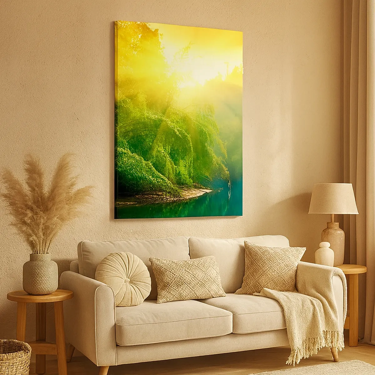 Bild auf Leinwand - Leinwandbild - Ein grüner Wald am Fluss, beleuchtet von den Strahlen der aufgehenden Sonne - 50x70cm - In Sonne und Schatten ertrinken - Moderne Wanddekoration für Wohnzimmer und Schlafzimmer ARTTOR