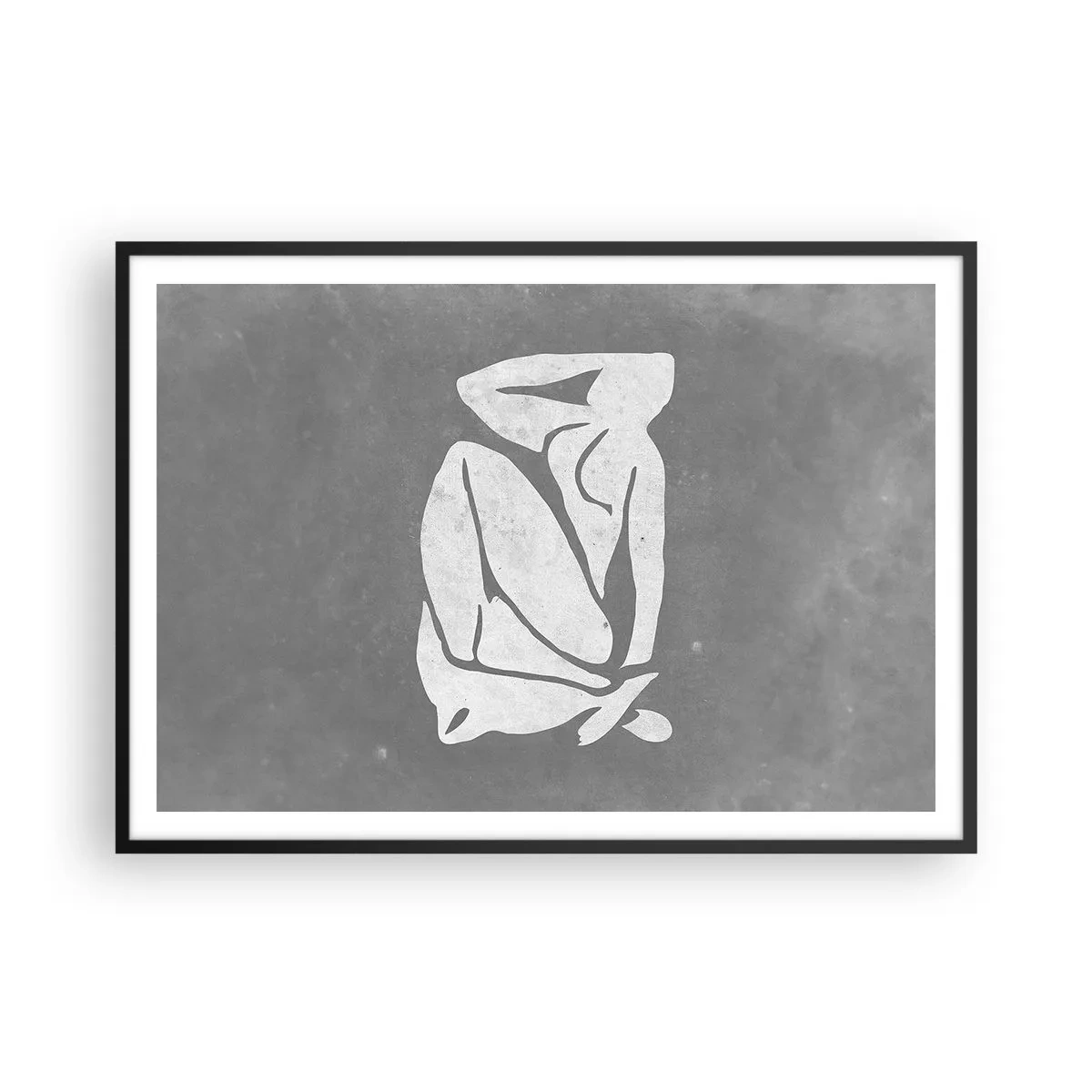 Poster in einem schwarzem Rahmen - Eine minimalistische Silhouettenzeichnung auf grauem Hintergrund - 100x70cm - In Gedanken versunken - Moderne Wanddekoration für Wohnzimmer und Schlafzimmer ARTTOR