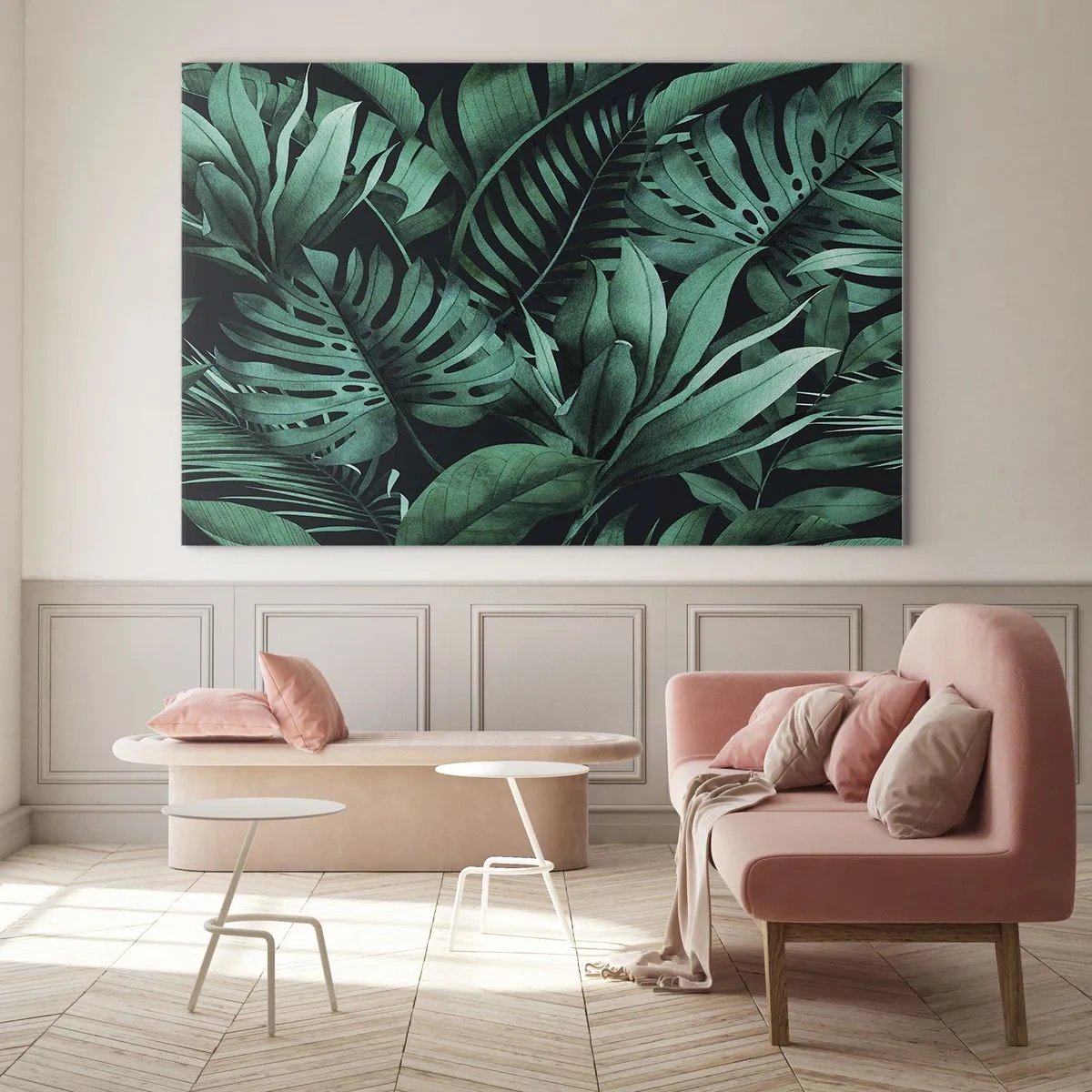 Glasbild - Bild auf glas - Üppig grüne Blätter in einer tropischen Komposition - 70x50cm - Die Tiefe des tropischen Grüns - Moderne Wanddekoration für Wohnzimmer und Schlafzimmer ARTTOR