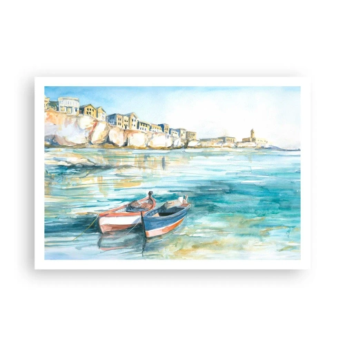 Poster - Eine malerische Küstenlandschaft mit Booten auf dem Wasser - 100x70cm - Landschaft in Azurblau - Moderne Wanddekoration für Wohnzimmer und Schlafzimmer ARTTOR