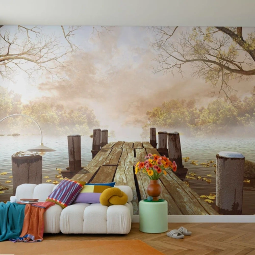 Selbstklebende Fototapete Deluxe Sticker - Die milde Traurigkeit des Herbstes - Landschaft, See, Holzbrücke - 100x70 cm