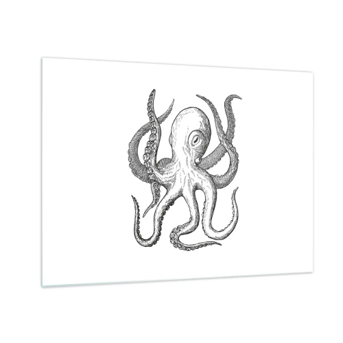 Glasbild - Bild auf glas - Schwarz-weiße Zeichnung eines Oktopus auf weißem Hintergrund - 70x50cm - Mit den Wellen tanzen - Moderne Wanddekoration für Wohnzimmer und Schlafzimmer ARTTOR