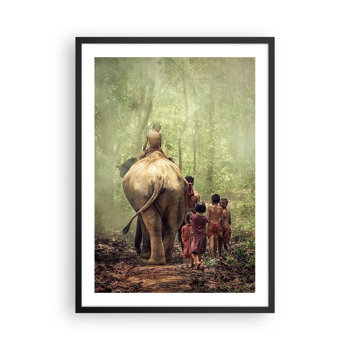 Poster in einem schwarzem Rahmen - Kinder und ein Elefant im Regenwald - 50x70cm - Neues Dschungelbuch - Moderne Wanddekoration für Wohnzimmer und Schlafzimmer ARTTOR
