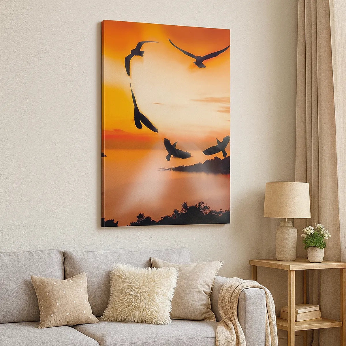 Bild auf Leinwand - Leinwandbild - Vögel bilden ein Herz vor dem Hintergrund der untergehenden Sonne - 50x70cm - Liebe die Welt wie Vögel - Moderne Wanddekoration für Wohnzimmer und Schlafzimmer ARTTOR