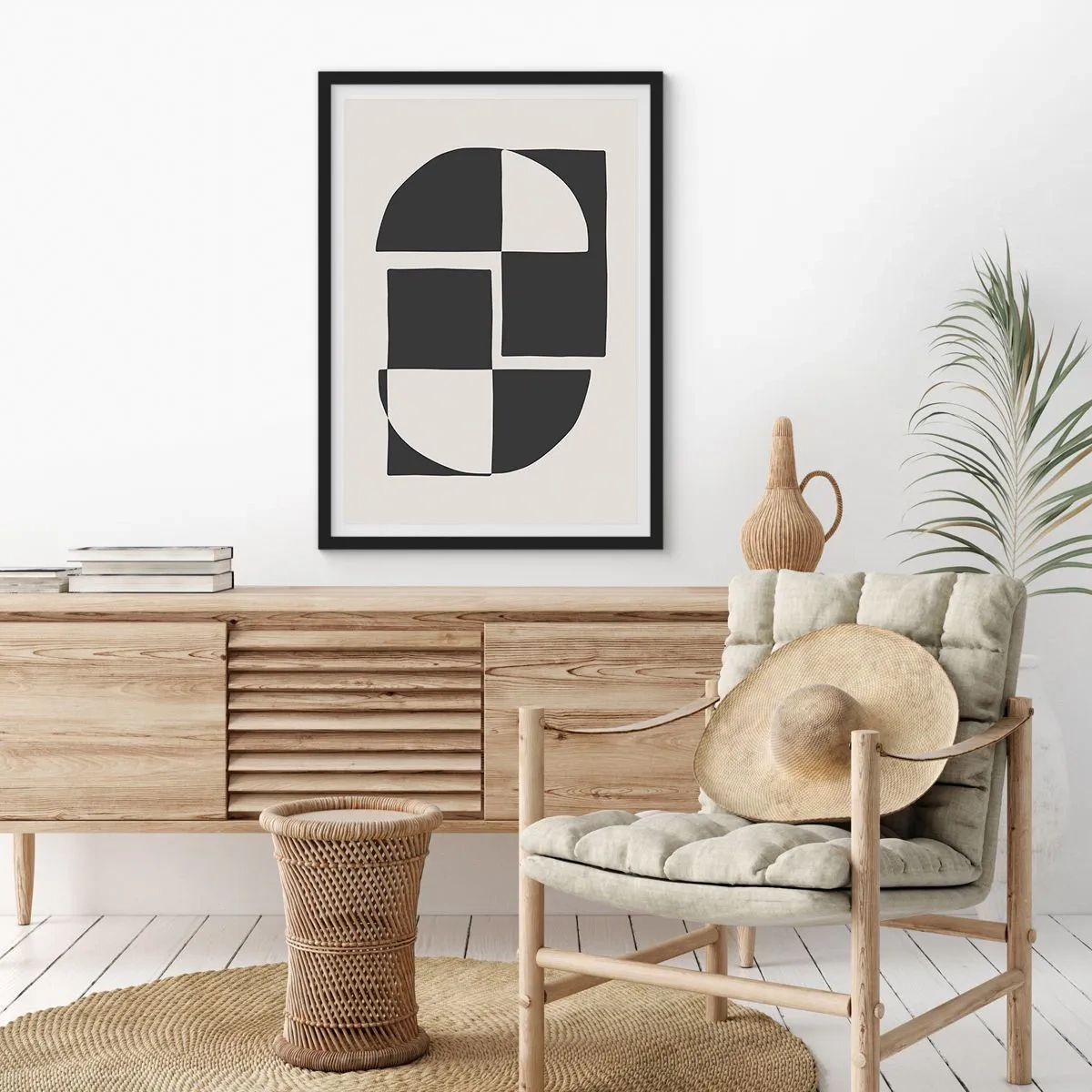 Poster in einem schwarzem Rahmen - Geometrische Komposition in Schwarzweiß - 50x70cm - Antithese - Synthese - Moderne Wanddekoration für Wohnzimmer und Schlafzimmer ARTTOR