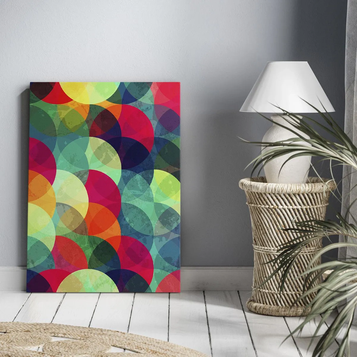 Bild auf Leinwand - Leinwandbild - Bunte geometrische Muster aus Kreisen und Halbkreisen - 80x120cm - Aufstieg zum Regenbogen - Moderne Wanddekoration für Wohnzimmer und Schlafzimmer ARTTOR
