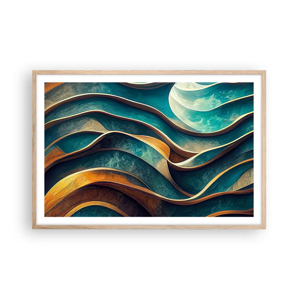 Poster in einem Rahmen aus heller Eiche - Blaue Mäander - 91x61 cm