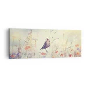 Bild auf Leinwand - Leinwandbild - Ein Vogel vor dem Hintergrund einer bunten Wiese in Pastellfarben - 140x50cm - Vogelporträt mit einer Wiese im Hintergrund - Moderne Wanddekoration für Wohnzimmer und Schlafzimmer ARTTOR