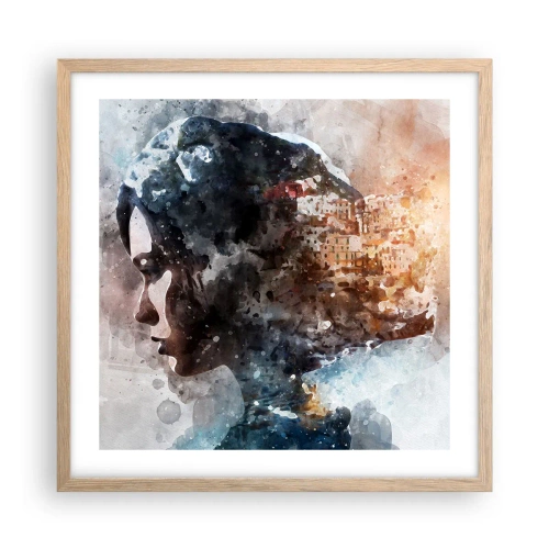Poster in einem Rahmen aus heller Eiche - Eine Geschichte über ein Mädchen mit einer Stadt im Hintergrund - 50x50 cm