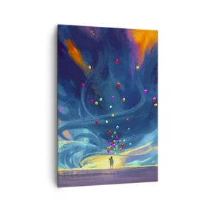 Bild auf Leinwand - Leinwandbild - Eine Figur mit Luftballons vor einem Hintergrund wirbelnder, bunter Wolken - 70x100cm - Zum blauen Wind - Moderne Wanddekoration für Wohnzimmer und Schlafzimmer ARTTOR