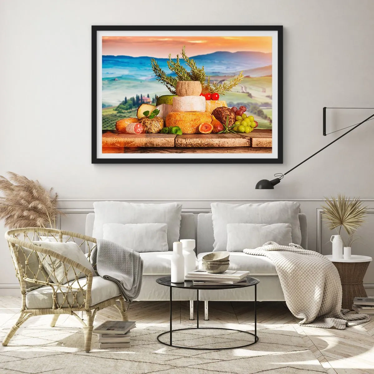 Poster in einem schwarzem Rahmen - Eine Komposition aus Käse und Früchten vor der Kulisse der toskanischen Landschaft - 100x70cm - Die italienische Lebensfreude - Moderne Wanddekoration für Wohnzimmer und Schlafzimmer ARTTOR