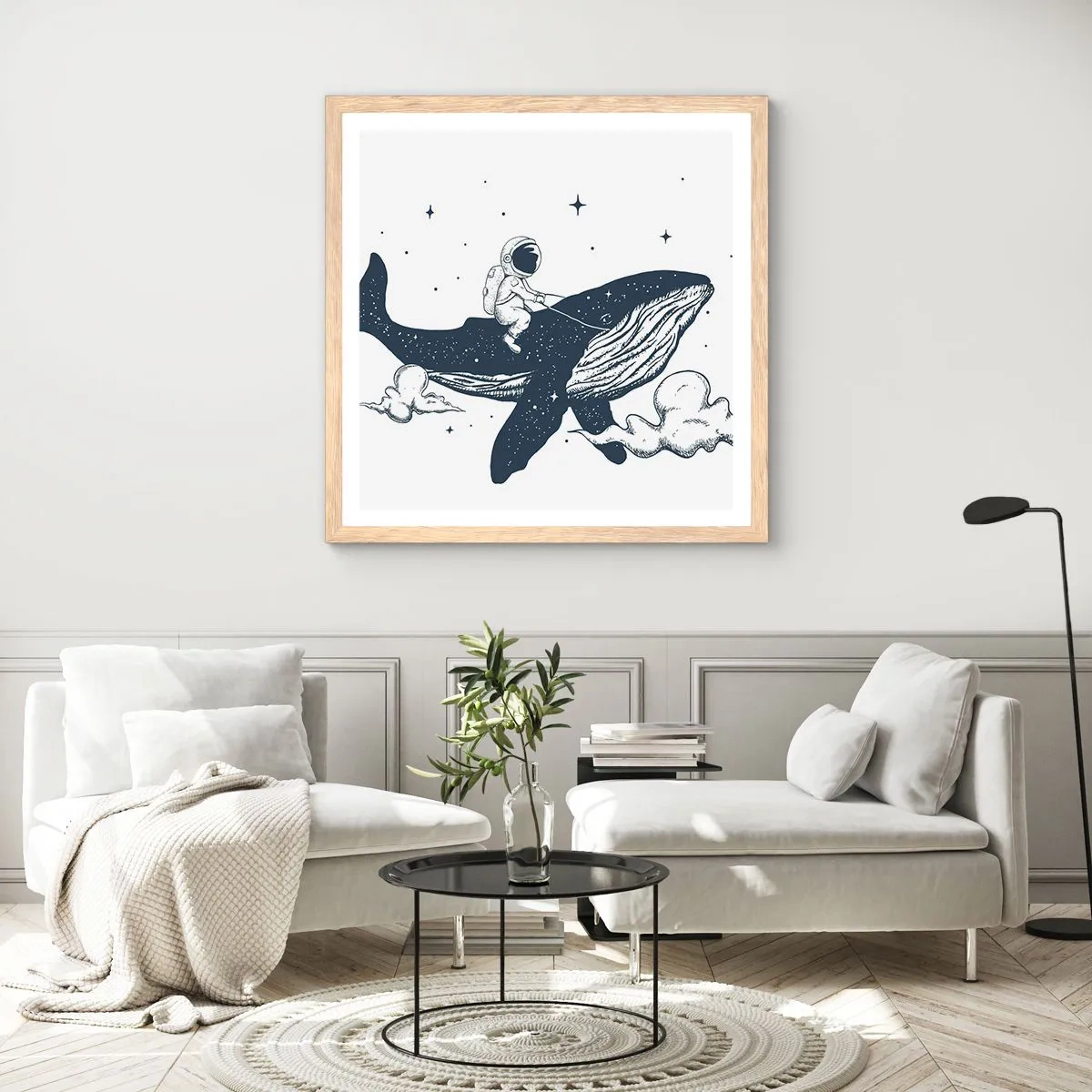 Poster in einem Rahmen aus heller Eiche - Weltraumabenteuer - 60x60 cm