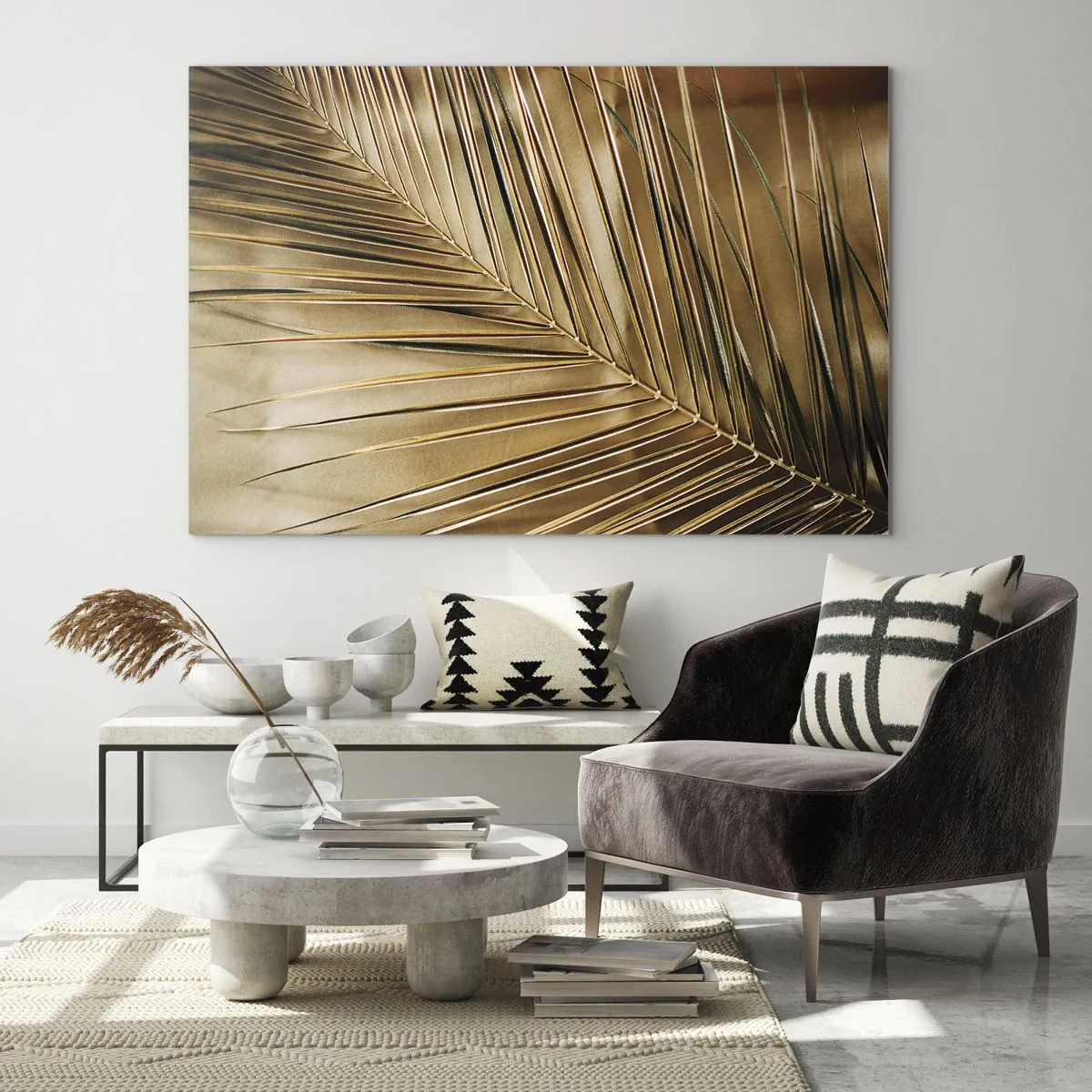 Glasbild - Bild auf glas - Nahaufnahme eines Palmblattes in goldbraunen Tönen - 100x70cm - Natürliche Kolonnade - Moderne Wanddekoration für Wohnzimmer und Schlafzimmer ARTTOR