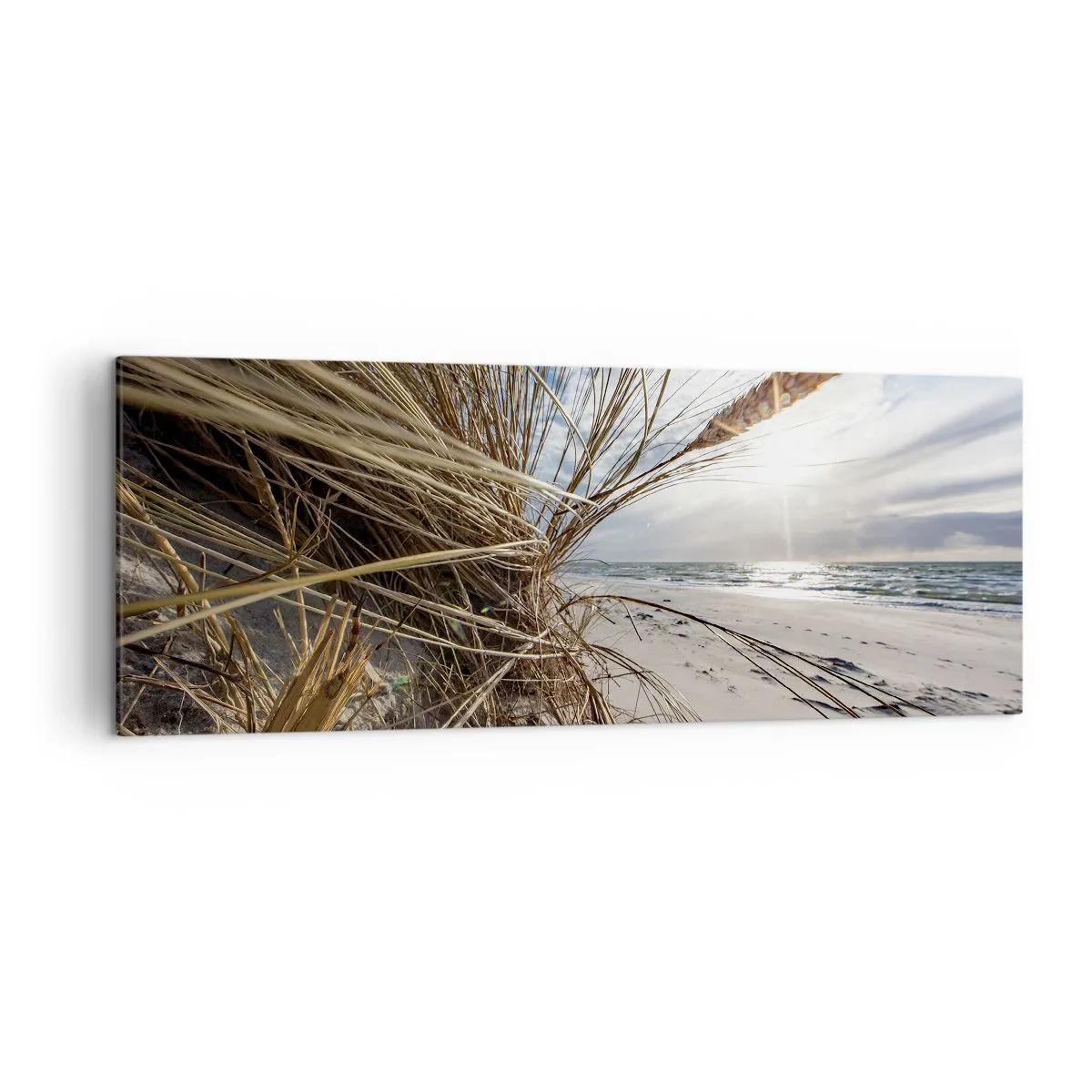 Bild auf Leinwand - Leinwandbild - Ein Strand mit trockenem Gras auf den Dünen und Blick auf das Meer - 140x50cm - Ein Treffen der Elemente der Natur - Moderne Wanddekoration für Wohnzimmer und Schlafzimmer ARTTOR