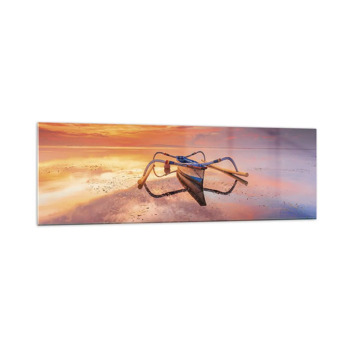 Glasbild - Bild auf glas - Ein Boot auf ruhigem Wasser bei Sonnenuntergang - 160x50cm - Die Ruhe eines tropischen Abends - Moderne Wanddekoration für Wohnzimmer und Schlafzimmer ARTTOR