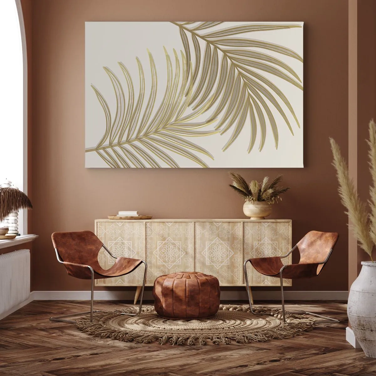 Bild auf Leinwand - Leinwandbild - Goldene Palmblätter auf hellem Hintergrund im minimalistischen Stil - 120x80cm - Goldene Palme! - Moderne Wanddekoration für Wohnzimmer und Schlafzimmer ARTTOR