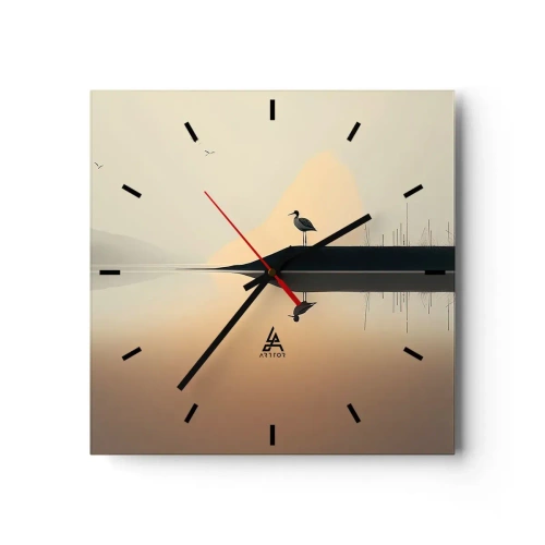 Wanduhr - Glasuhr - Ein Vogel auf einer Insel in einem ruhigen See mit warmen Farbtönen - 30x30cm - Herr am See - Moderne Wanddekoration für Wohnzimmer und Schlafzimmer ARTTOR
