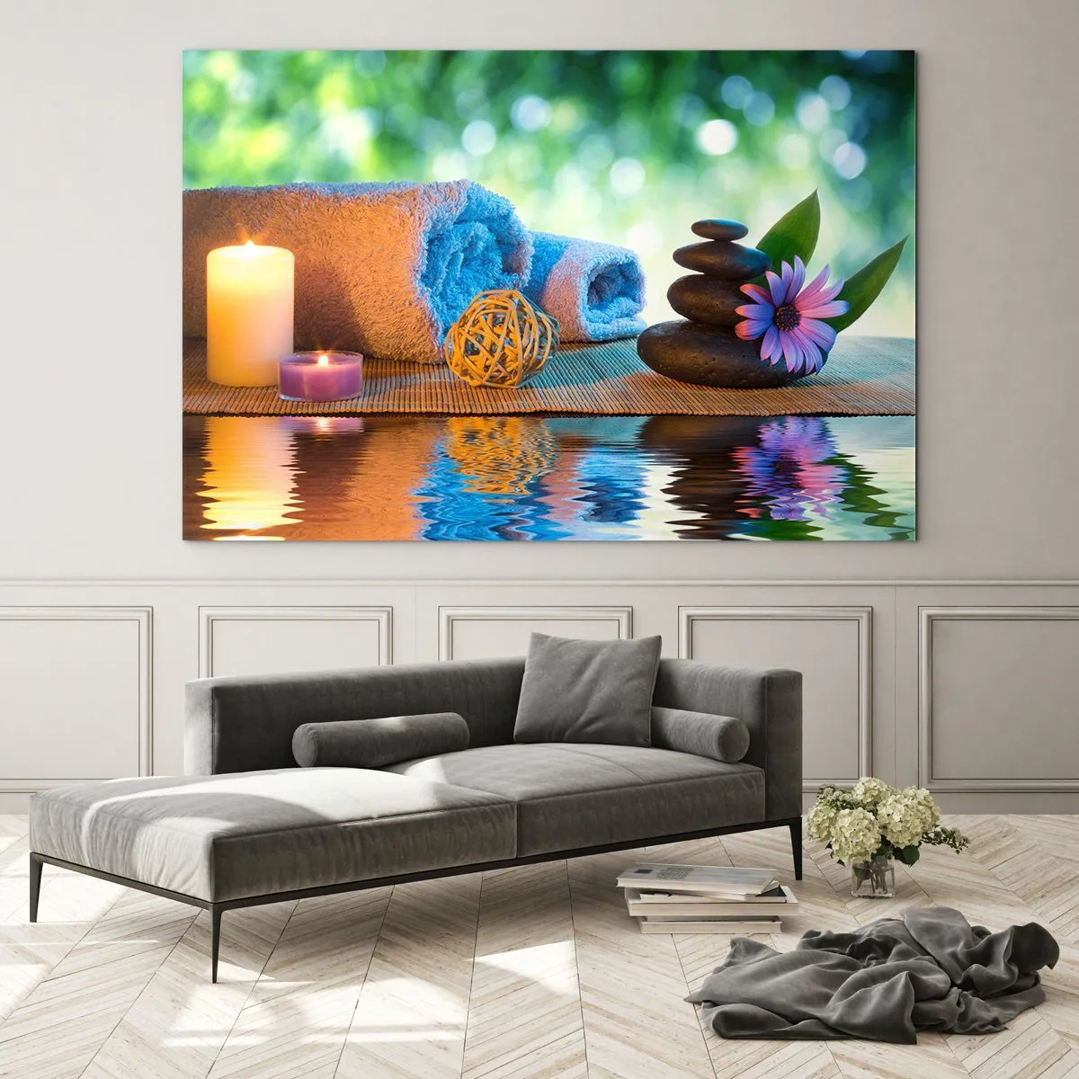 Glasbild - Bild auf glas - Spa mit Handtüchern, Kerzen und Steinen vor natürlicher Kulisse - 70x50cm - Zeit für den Körper - Moderne Wanddekoration für Wohnzimmer und Schlafzimmer ARTTOR