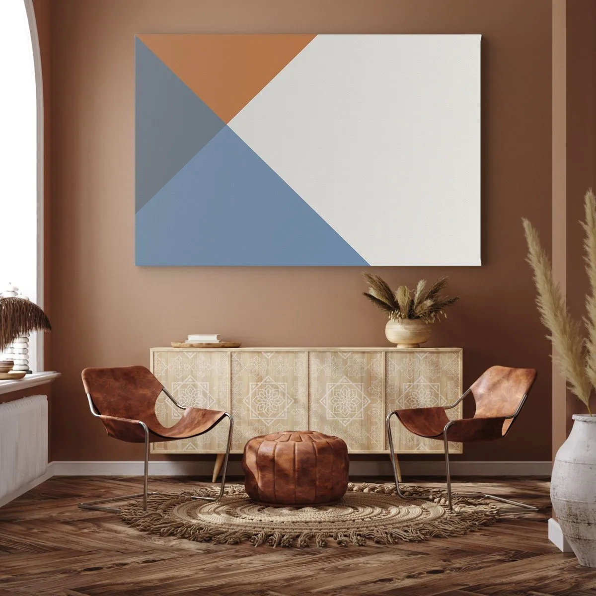 Bild auf Leinwand - Leinwandbild - Geometrische Dreiecke in Blau- und Orangetönen - 70x50cm - In einem Winkel… - Moderne Wanddekoration für Wohnzimmer und Schlafzimmer ARTTOR
