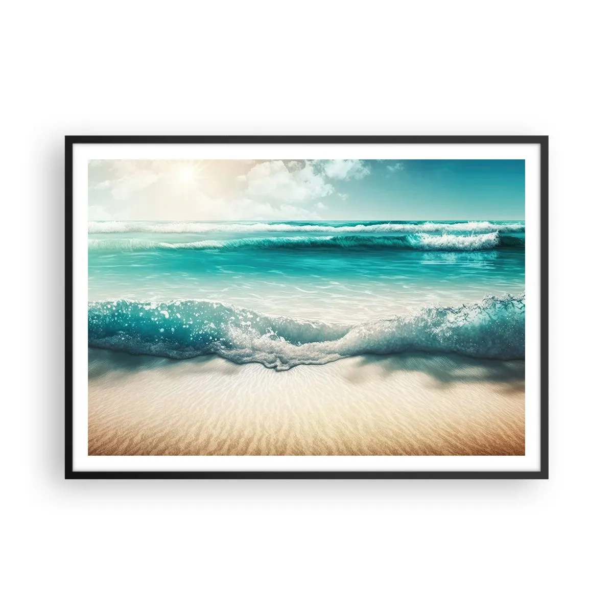 Poster in einem schwarzem Rahmen - Meereswellen an einem hellen Sandstrand - 100x70cm - Frieden des Ozeans - Moderne Wanddekoration für Wohnzimmer und Schlafzimmer ARTTOR