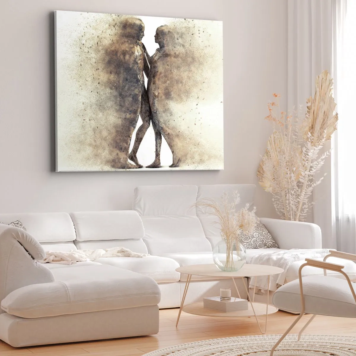 Bild auf Leinwand - Leinwandbild - Ein abstraktes Silhouettenduo in Sandtönen - 70x50cm - Sie erhoben sich aus dem Staub, um zu lieben - Moderne Wanddekoration für Wohnzimmer und Schlafzimmer ARTTOR