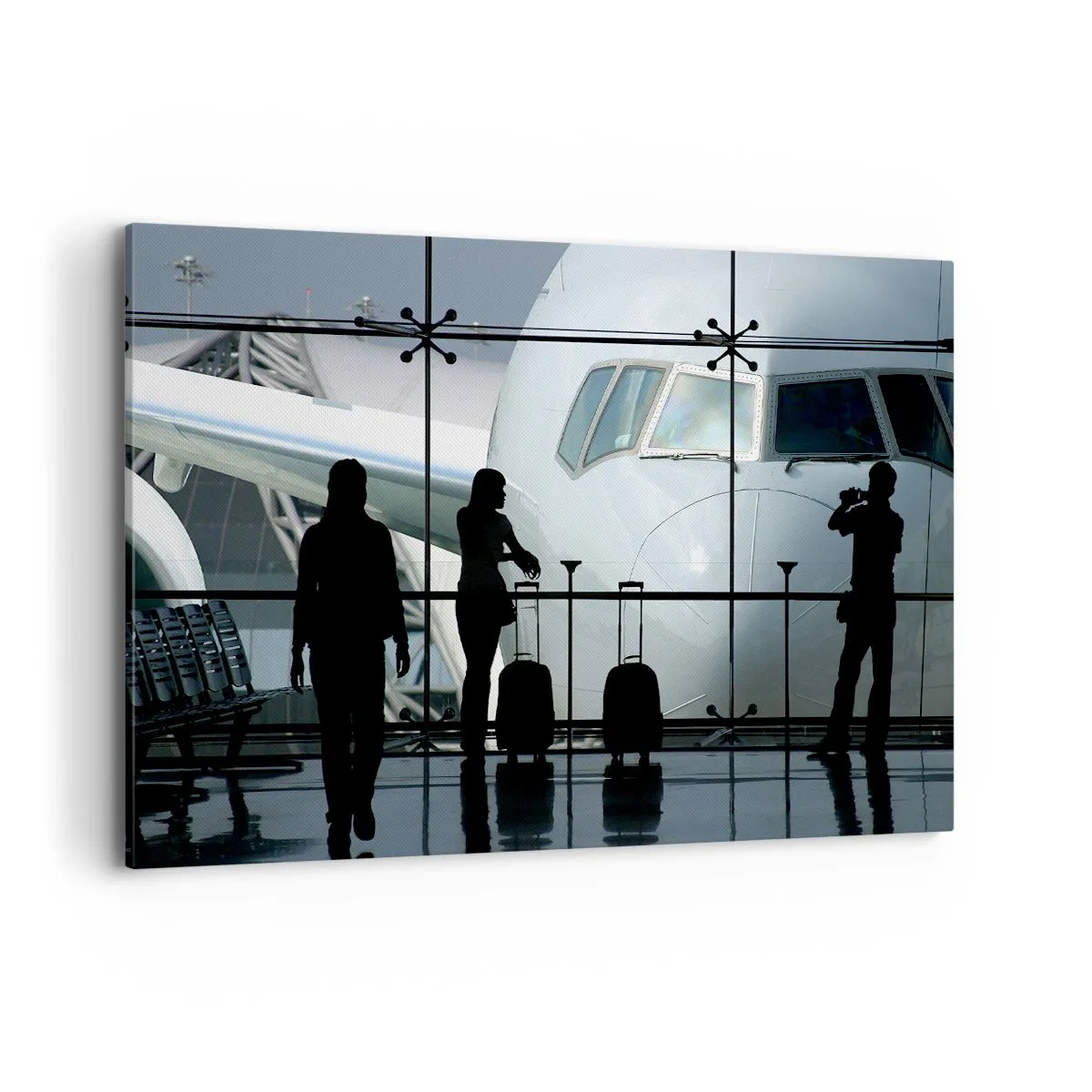 Bild auf Leinwand - Leinwandbild - Flughafen mit Silhouetten von Menschen und Blick auf das Flugzeug - 120x80cm - Vis a vis am Flughafen - Moderne Wanddekoration für Wohnzimmer und Schlafzimmer ARTTOR