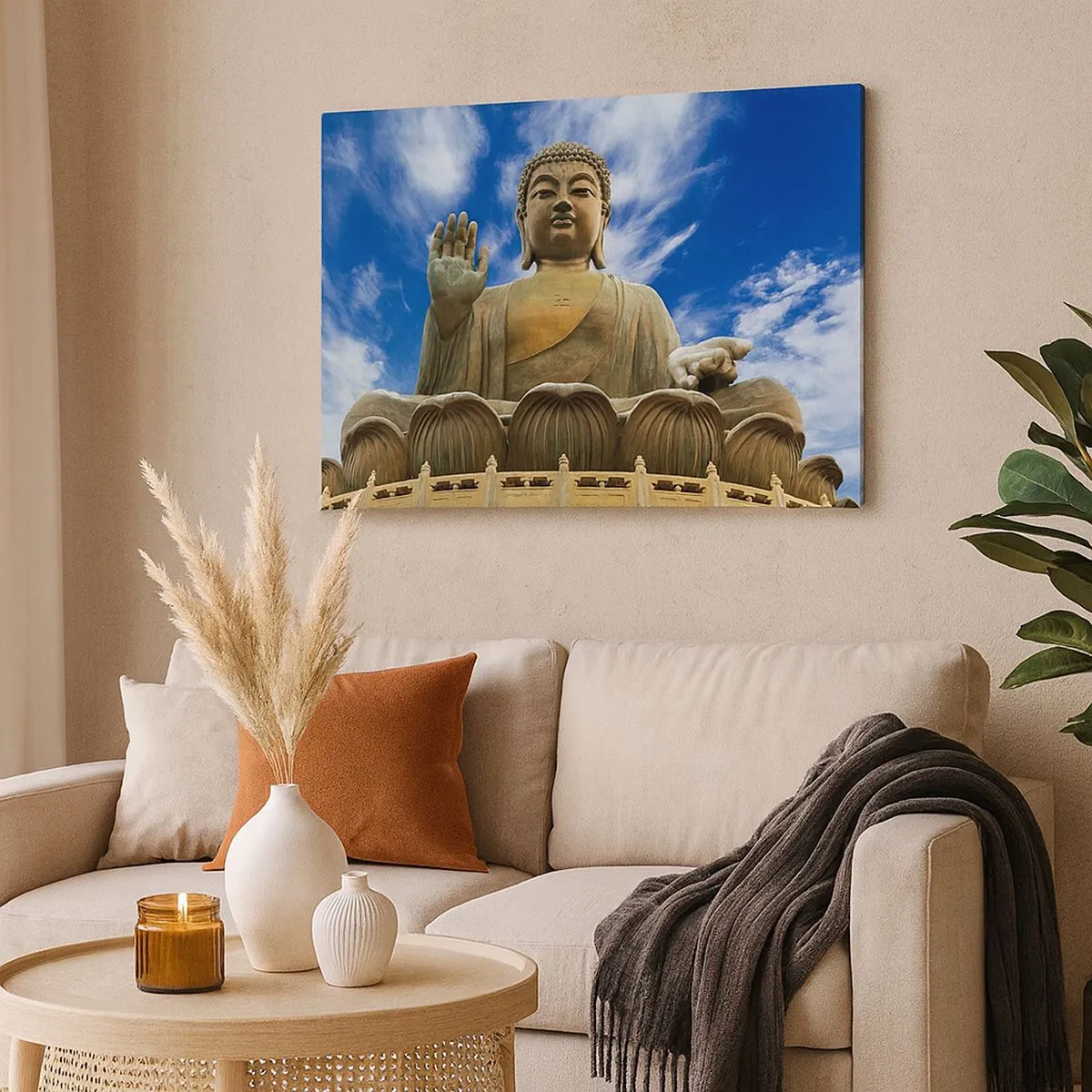 Bild auf Leinwand - Leinwandbild - Eine monumentale Buddha-Statue vor einem blauen Himmel mit Wolken - 70x50cm - Leben ohne Angst - Moderne Wanddekoration für Wohnzimmer und Schlafzimmer ARTTOR