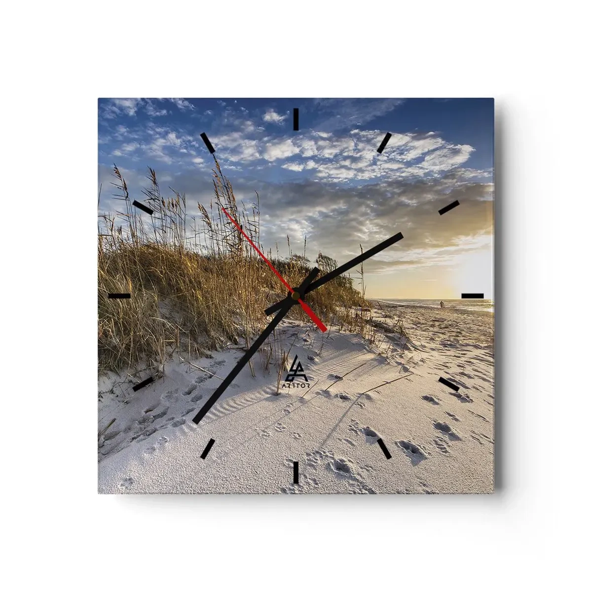 Wanduhr - Glasuhr - Dünen mit Gras und Fußspuren im Sand bei Sonnenuntergang - 30x30cm - Einladung zu einem Spaziergang - Moderne Wanddekoration für Wohnzimmer und Schlafzimmer ARTTOR