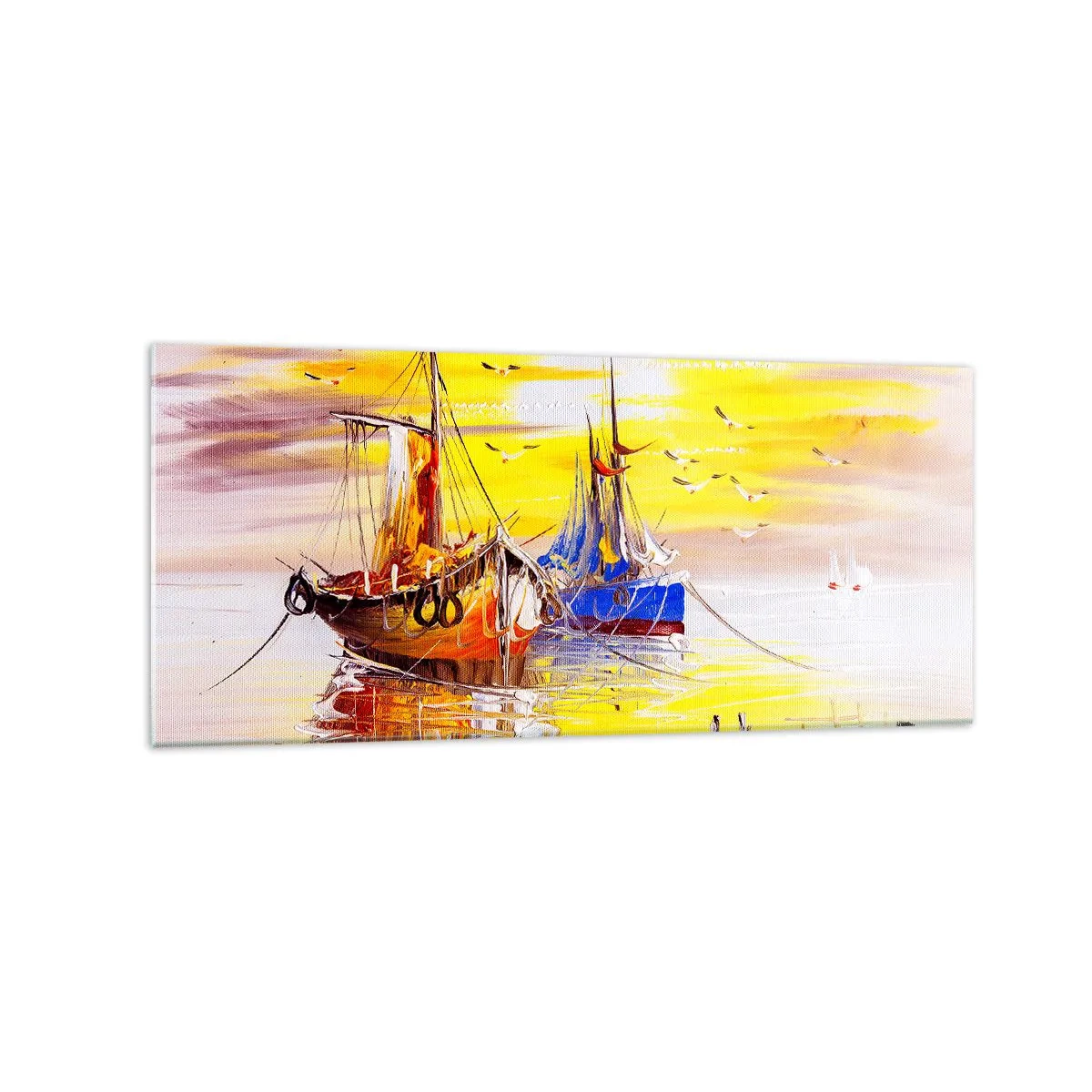 Glasbild - Bild auf glas - Eine malerische Szene von Booten auf ruhiger See - 120x50cm - Eine wohlverdiente Pause im Hafen - Moderne Wanddekoration für Wohnzimmer und Schlafzimmer ARTTOR